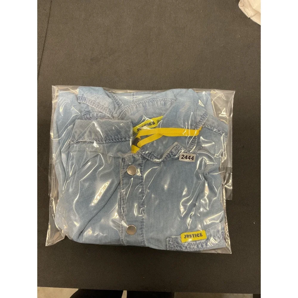 Justice Girls Denim Shirt Pac-Man Embroidery Raw Hem Blue S 7/8